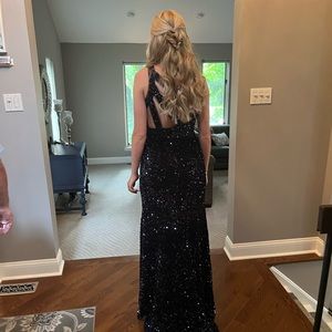 Navy blue one shoulder sparkly prom dress